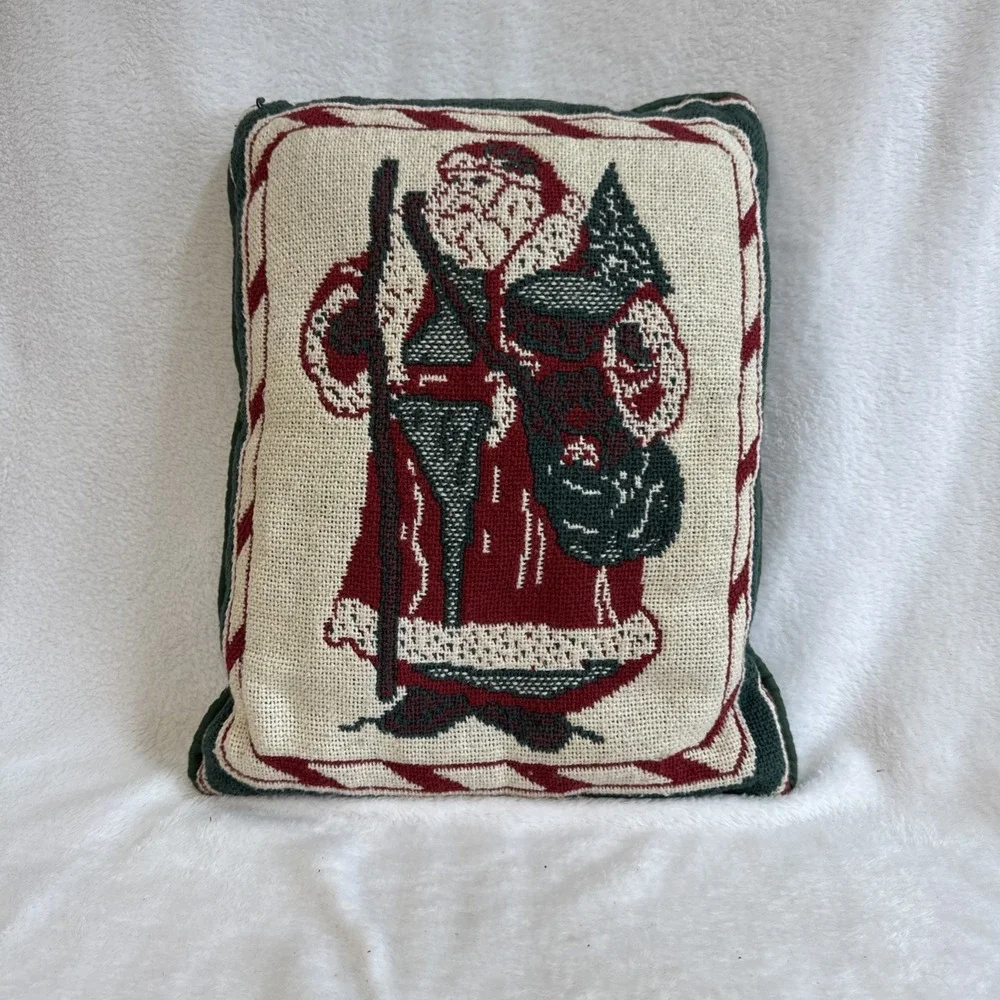Vintage Santa Claus Woven Tapestry Christmas Throw Pillow Green Red Cream